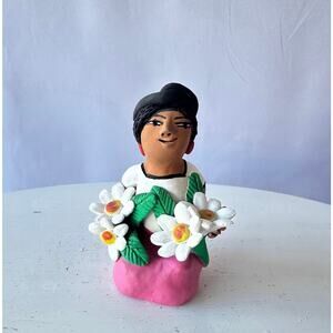 4.5" Josefina Aguilar Signed Flower Seller Figurine Vintage Mexican Folk Art